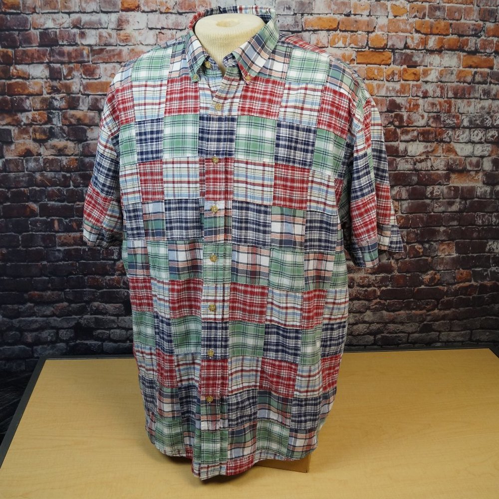 Eddie Bauer Shirt Patchwork Madras Plaid Button Up Baggy 90s Vintage Mens XL